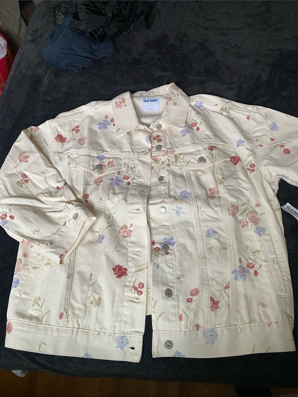 Old Navy Cream Floral oversized Denim Jacket with Pastel Blooms